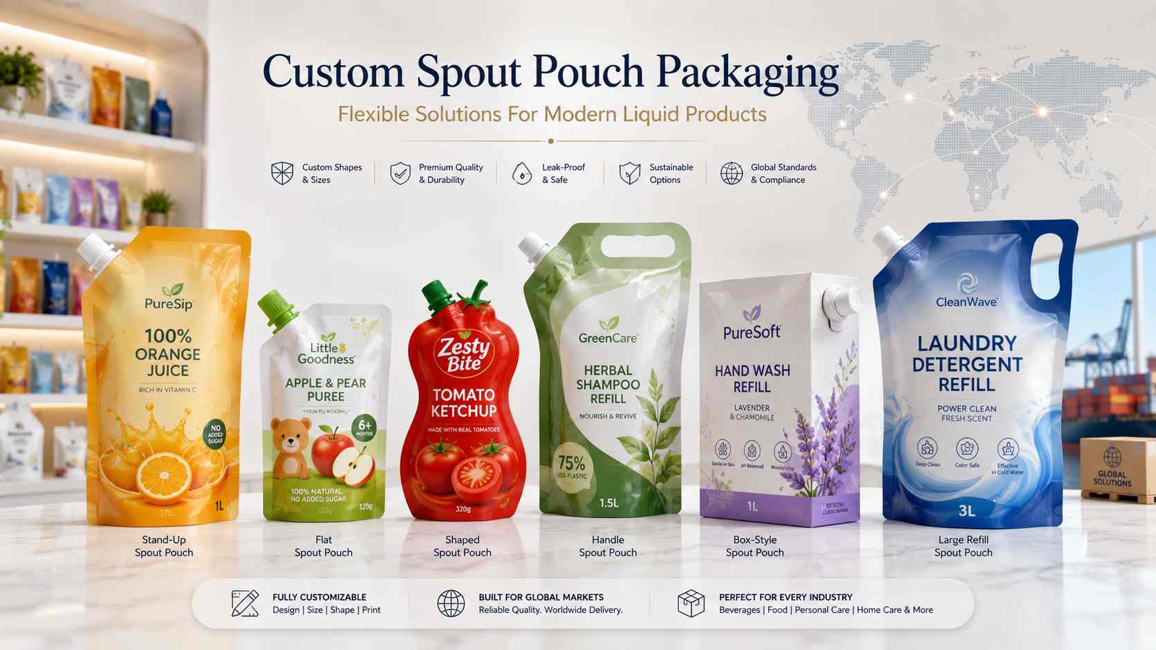 Custom Spout Pouch Packaging Cover Image Showing Multiple Spout Pouch Shapes For Liquid Products