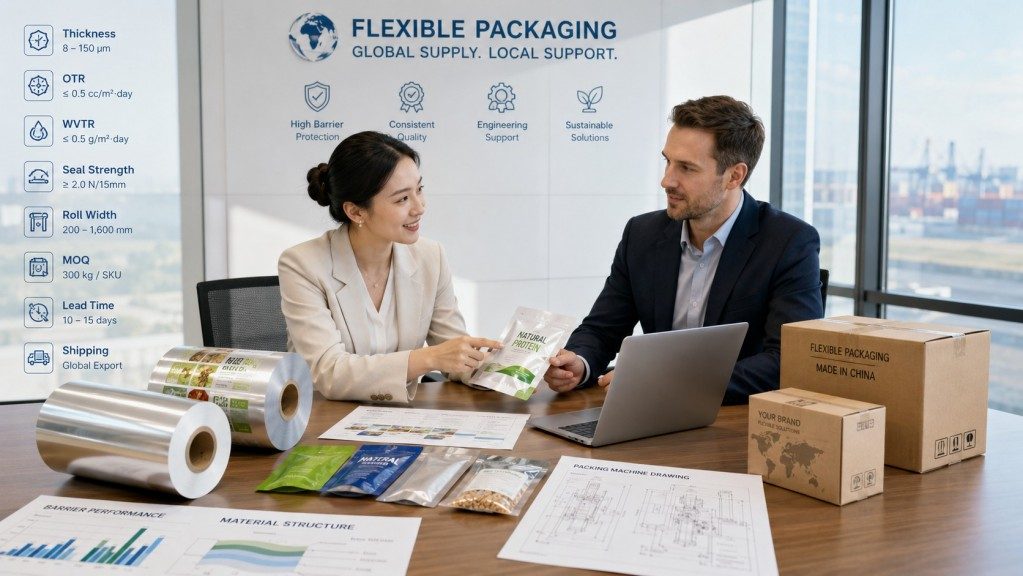 Flexible Packaging Supplier Reviewing Film Specifications With International Buyer