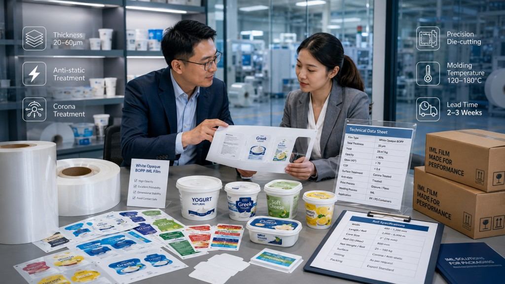 IML Film Supplier Reviewing Technical Specifications With Buyer