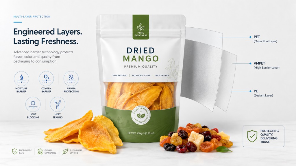 Moisture Oxygen And Light Barrier Layers For Dried Fruit Packaging