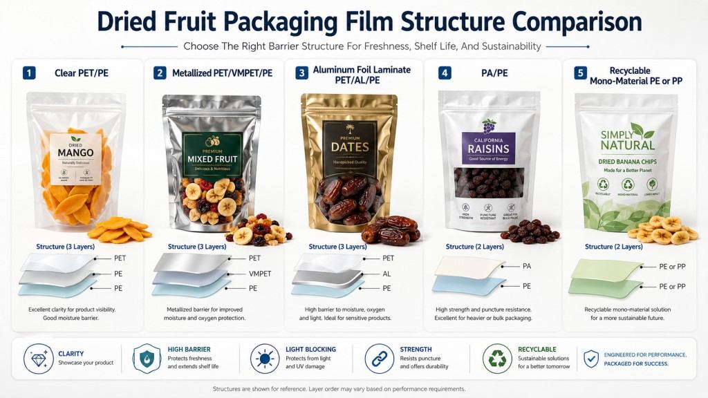 PET PE VMPET Aluminum Foil And Mono Material Films For Dried Fruit Packaging