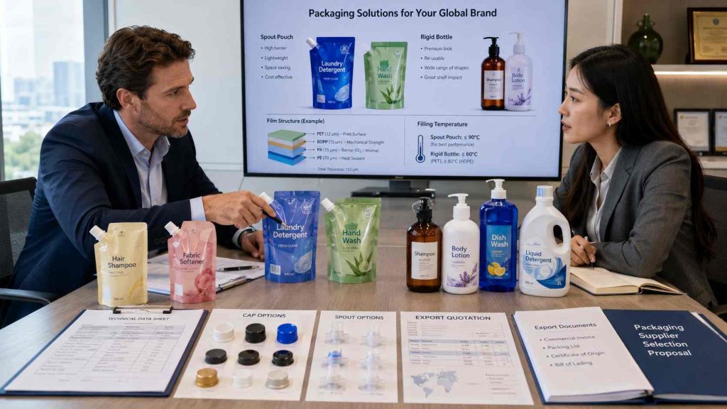 Packaging Buyer Comparing Spout Pouch Samples And Rigid Bottle Designs