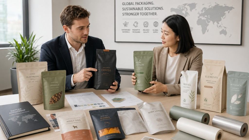 Packaging Buyer Reviewing Matte Plastic Packaging Samples With Supplier