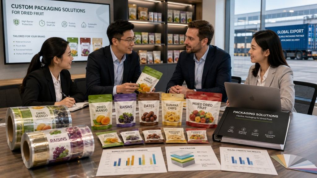 Packaging Supplier Reviewing Dried Fruit Pouch Samples And Film Specifications
