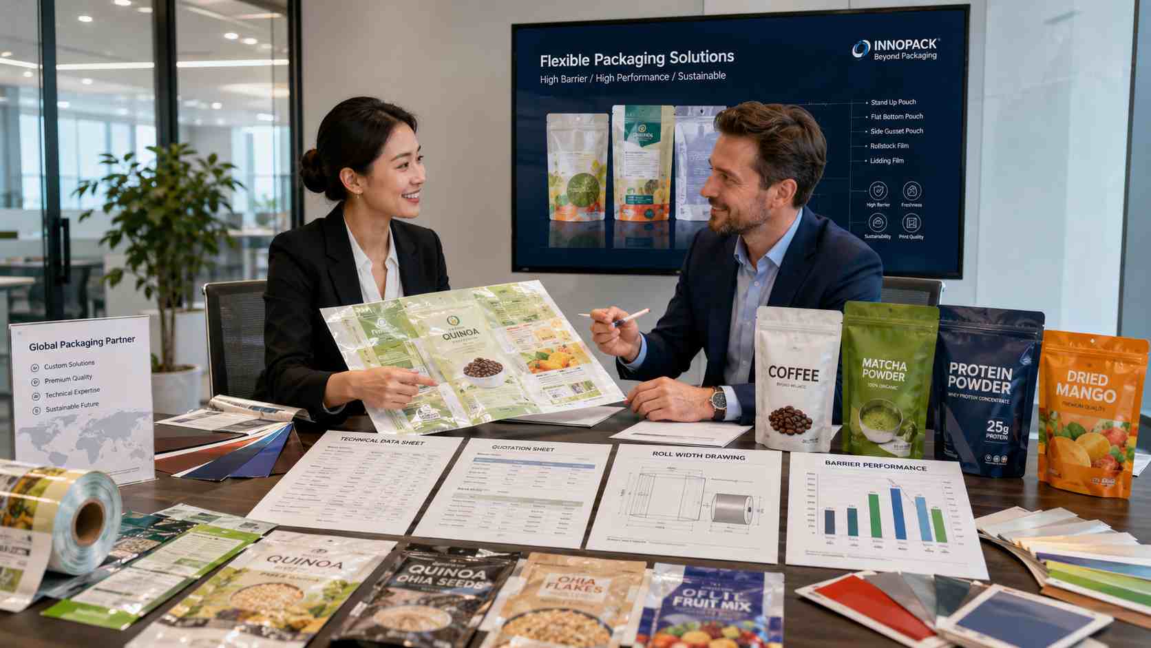 Packaging Supplier Reviewing Printed Film Samples With Global Buyer
