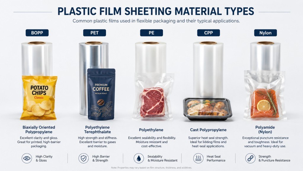 Plastic Film Sheeting Material Types Including BOPP PET PE CPP And Nylon