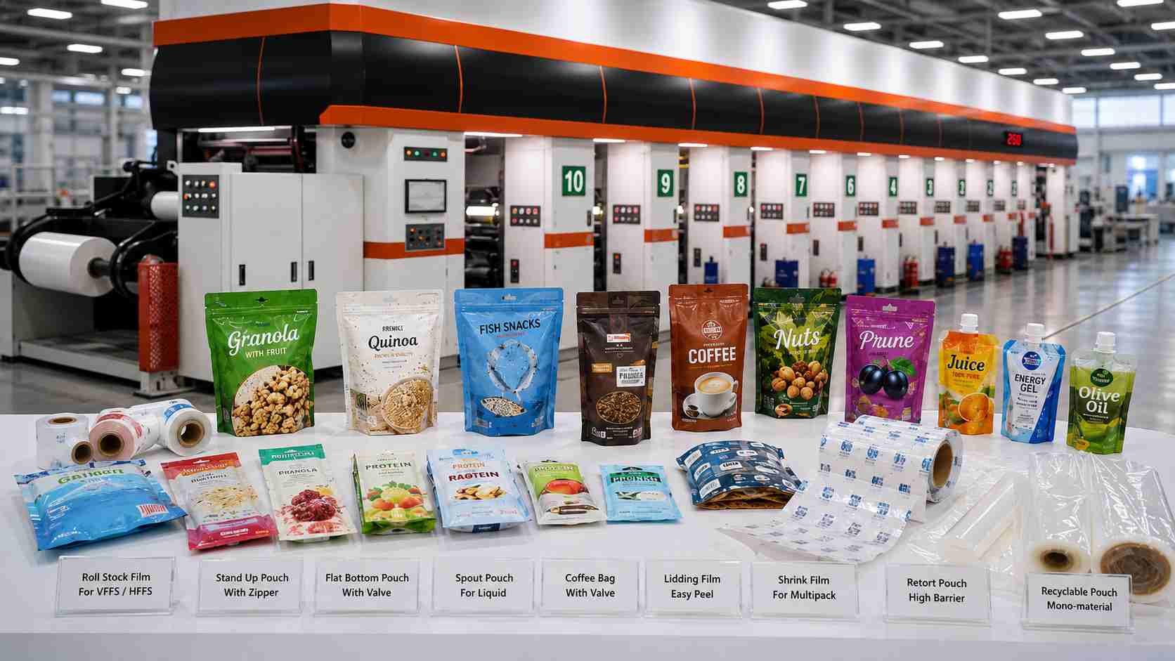 Printed Packaging Formats Including Roll Stock Stand Up Pouches And Spout Pouches