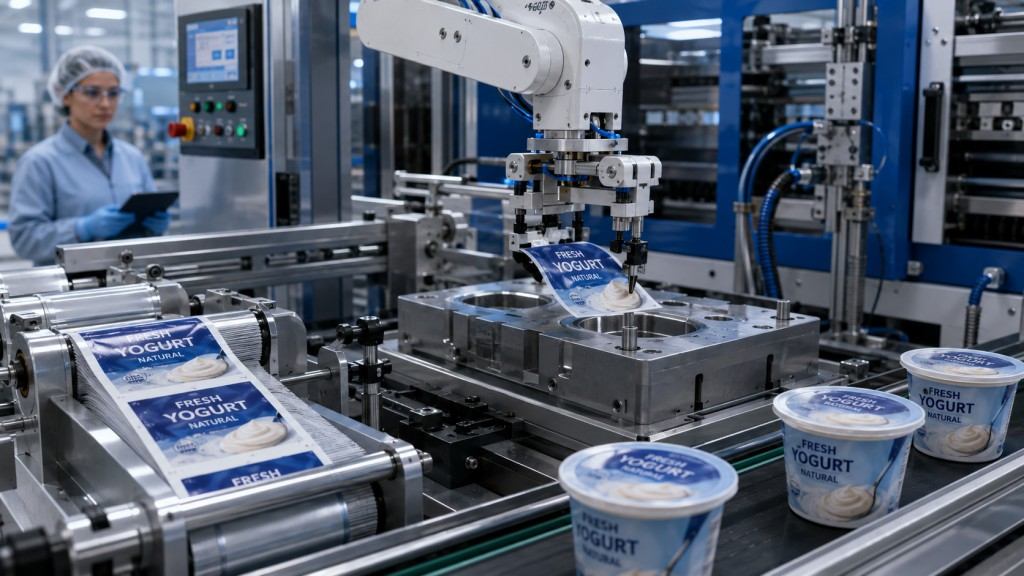 Robotic Arm Placing IML Label Into Injection Mold Cavity