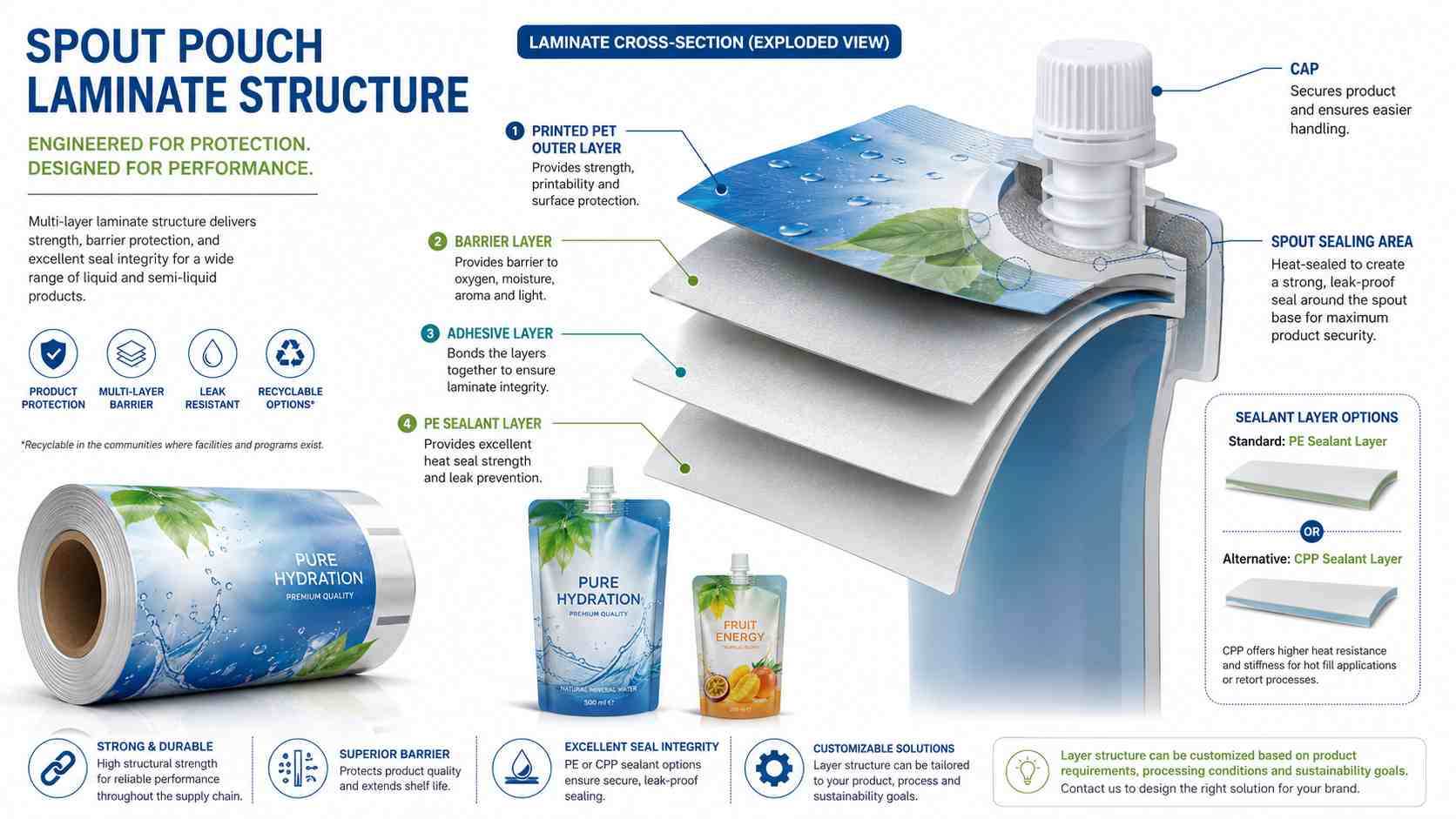 Spout Pouch Film Structure With Barrier Sealant And Printed Layers