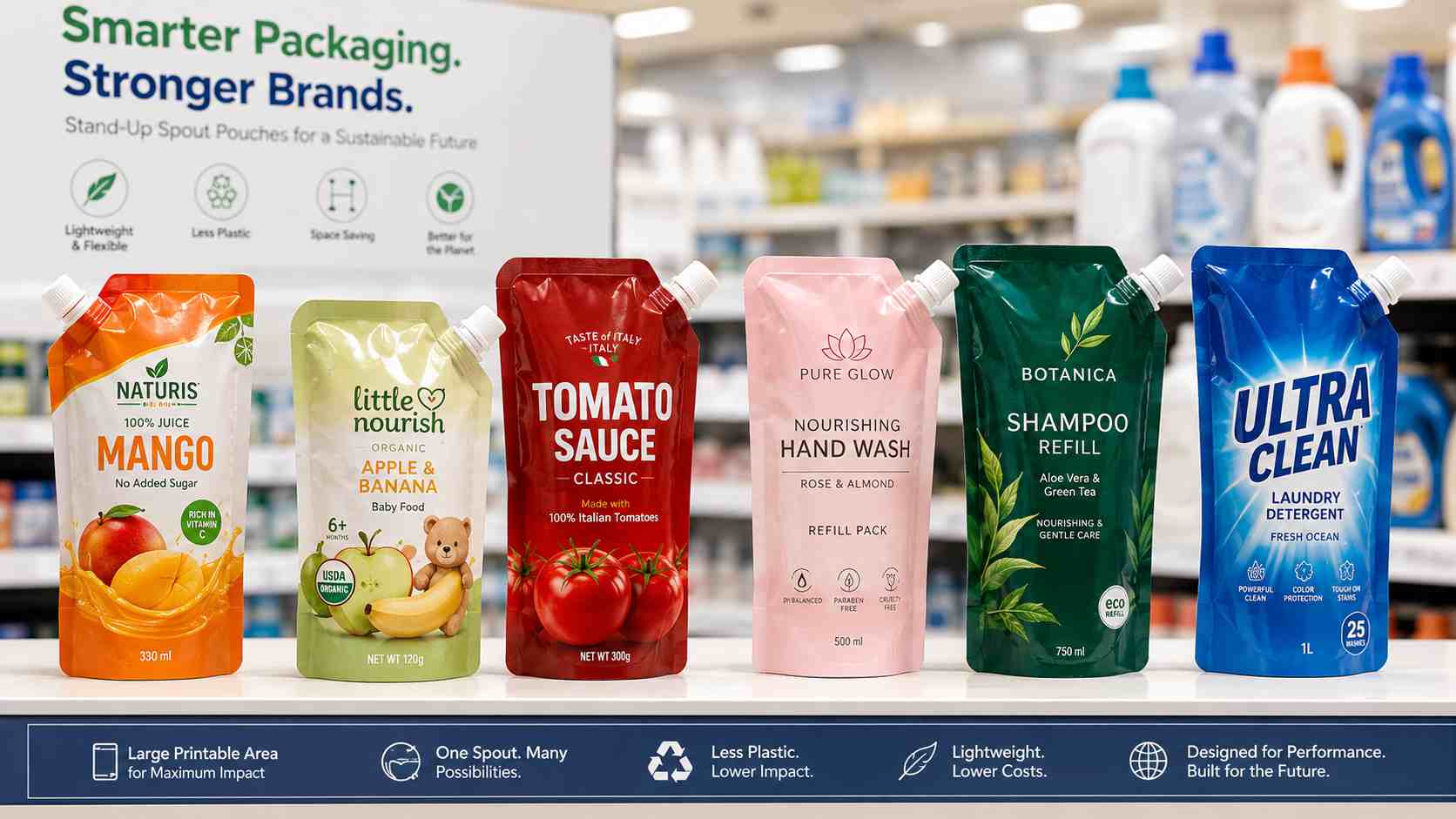 Spout Pouches On Retail Shelf With Large Printable Branding Area
