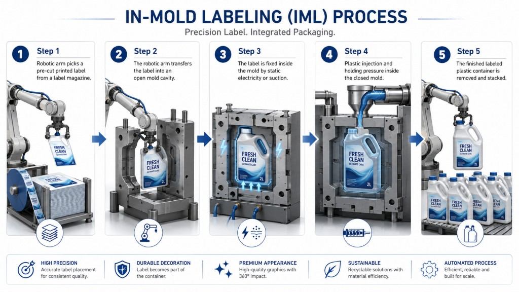 Step By Step In-Mold Labeling Process With Robot And Mold