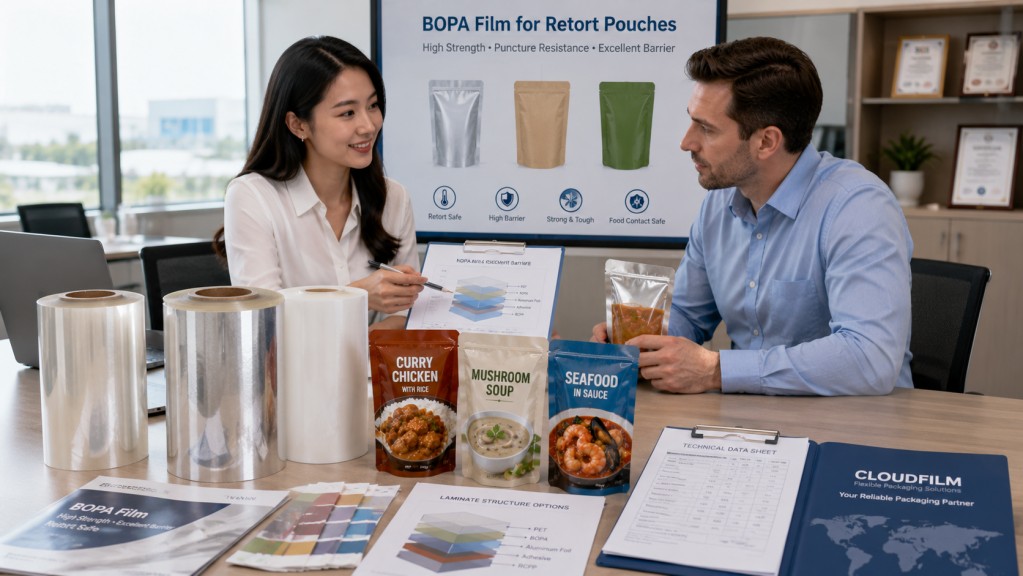 BOPA Film Supplier Discussing Custom Retort Pouch Structure With International Buyer