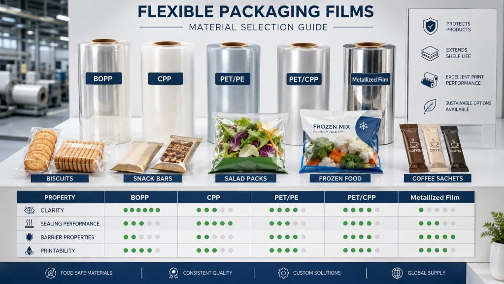 BOPP CPP PET PE And Metallized Film Selection For Flow Pack Packaging