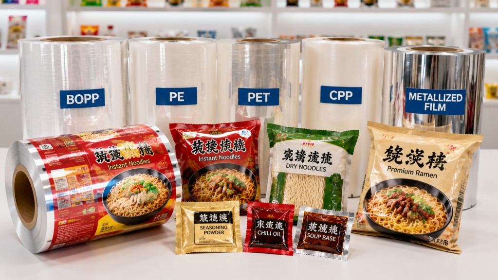 BOPP PE PET CPP And Metallized Film Structures For Noodle Packaging