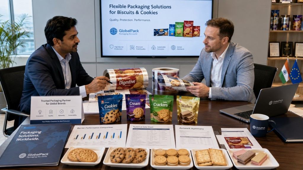 Biscuit Packaging Supplier Reviewing Film Roll Samples With International Buyer