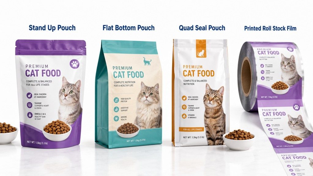 Cat Food Packaging Formats Stand Up Pouch Flat Bottom Pouch Quad Seal Pouch And Roll Stock