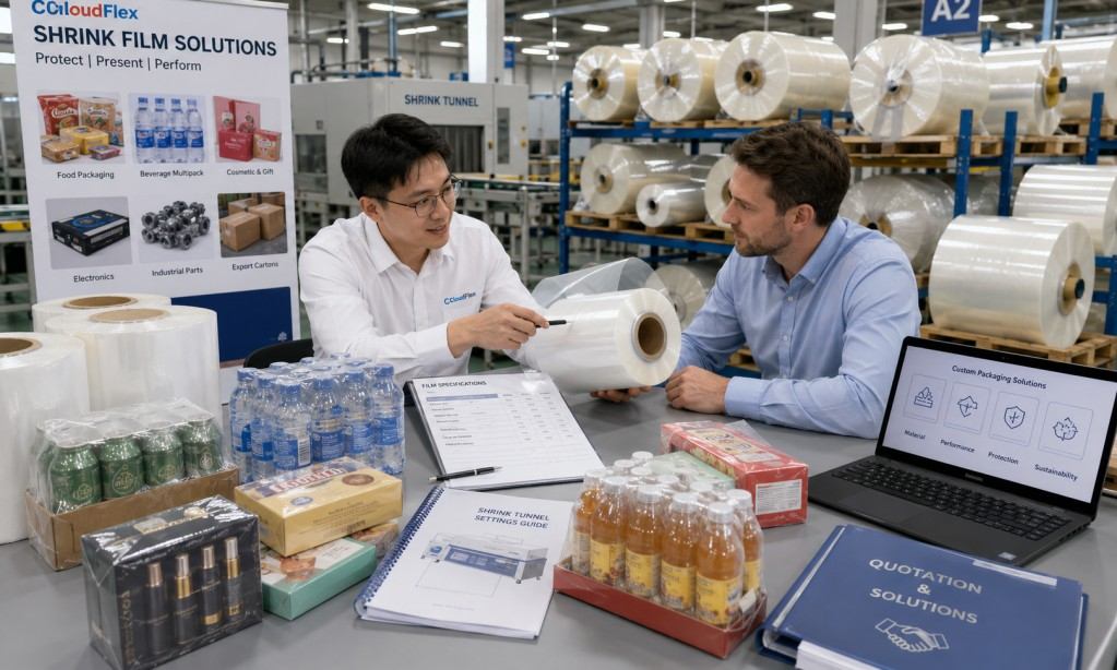 Custom Shrink Wrap Film Supplier Discussing Specifications With Buyer
