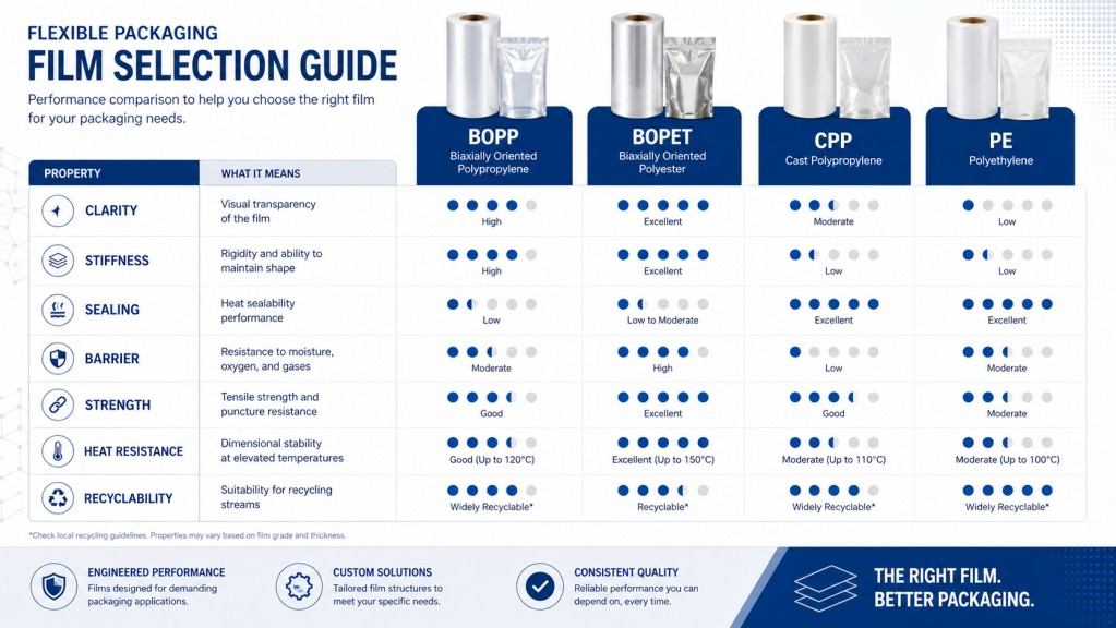 Flexible Packaging Film Properties Comparison Chart For BOPP BOPET CPP And PE