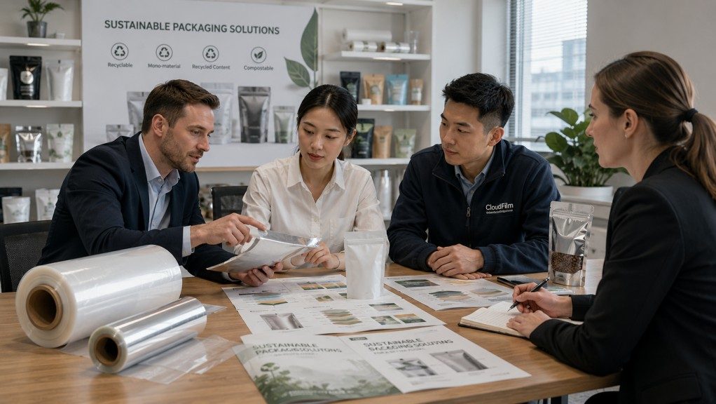 Flexible Packaging Supplier Reviewing Ecological Film Structures With Brand Owner