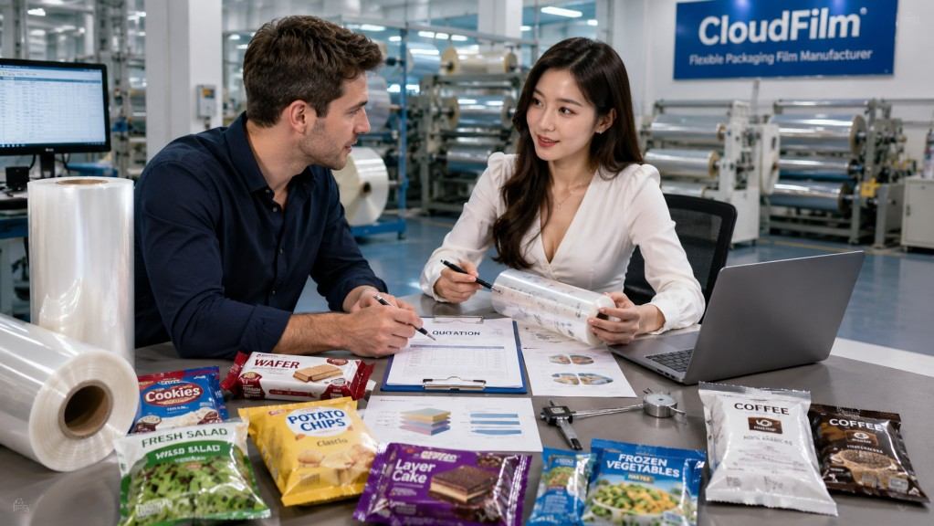 Flow Packaging Film Supplier Reviewing Custom Roll Specifications