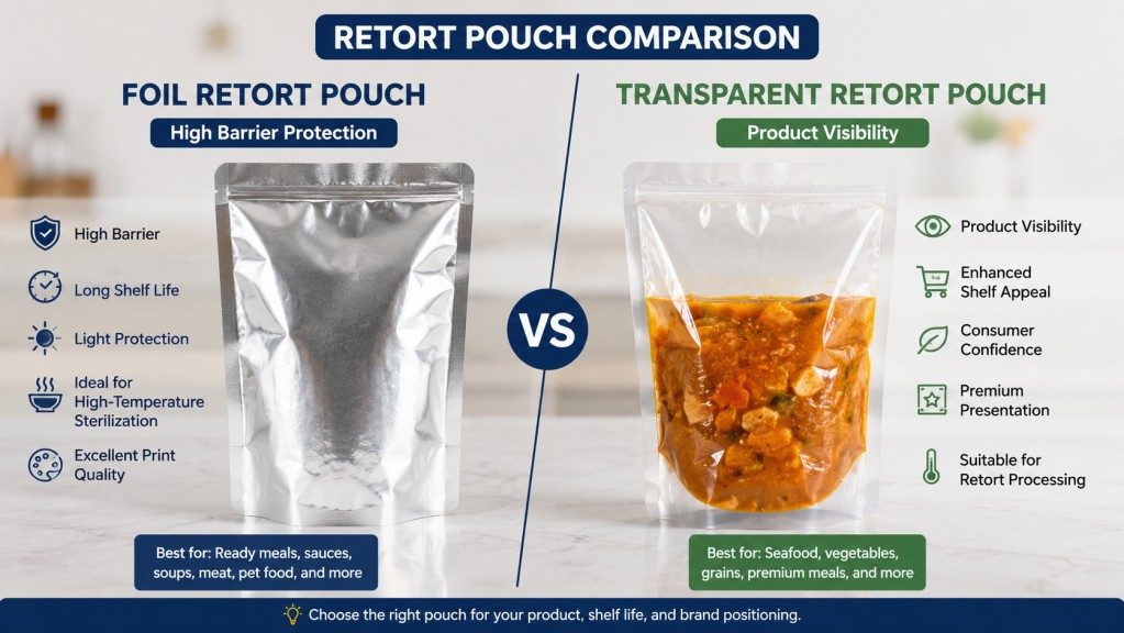 Foil And Transparent Retort Pouch Comparison For Food Packaging