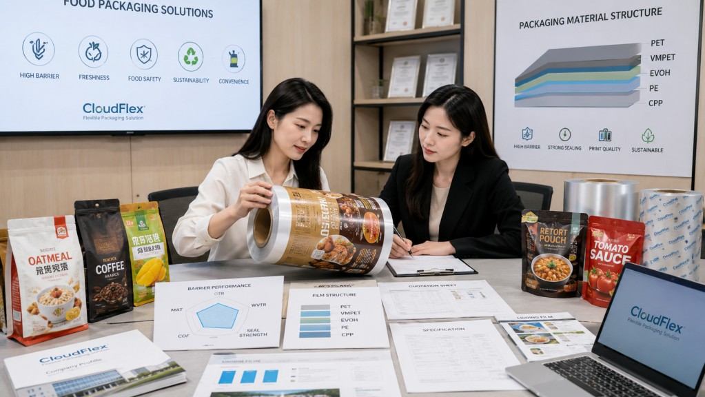 Food Packaging Film Supplier Reviewing Custom Packaging Samples With Brand Buyer