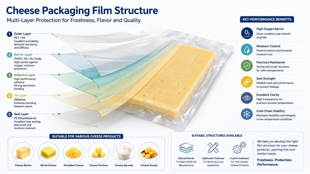 High Barrier Cheese Packaging Film Structure With Oxygen Barrier And PE Seal Layer
