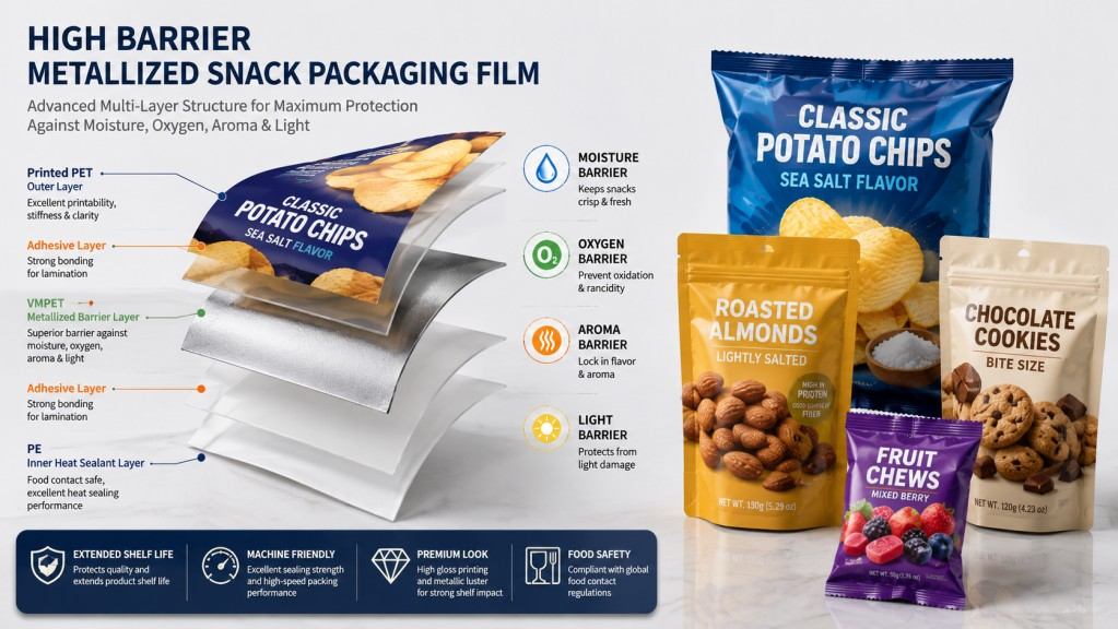 High Barrier Metallized Snack Packaging Film Structure For Chips Nuts And Cookies