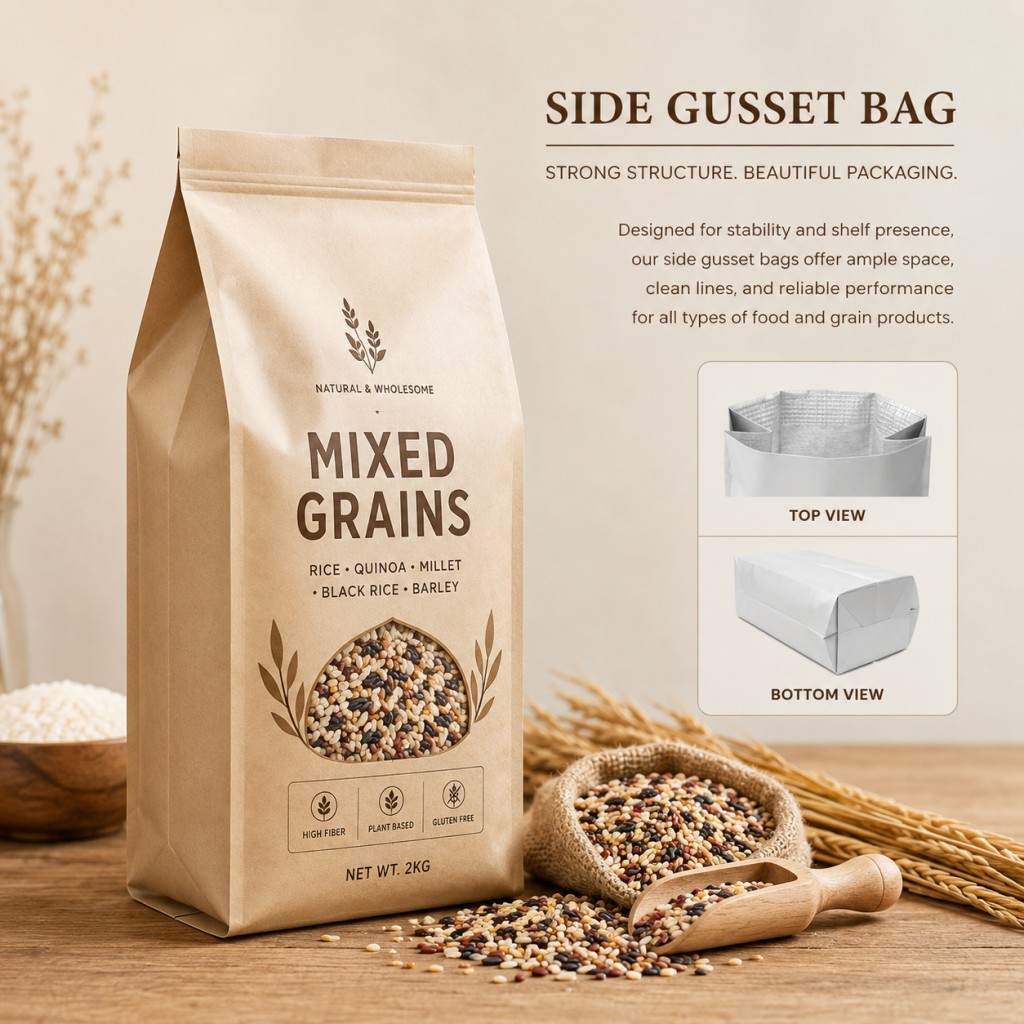Kraft Side Gusset Bag For Mixed Grains And Rice Packaging