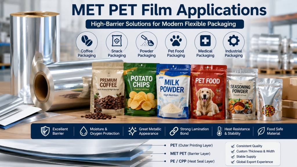 MET PET Film Applications For Coffee Snack Powder And Pet Food Packaging