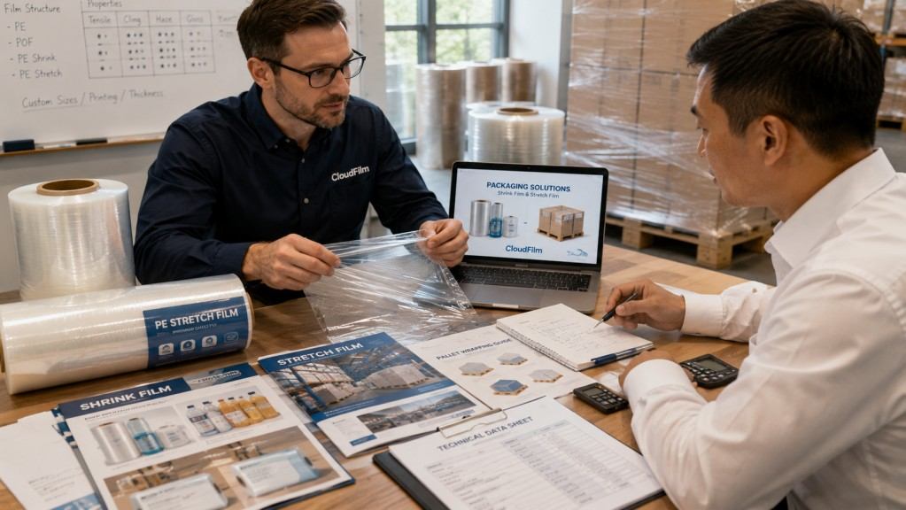 Packaging Buyer Comparing Shrink Film And Stretch Film Samples
