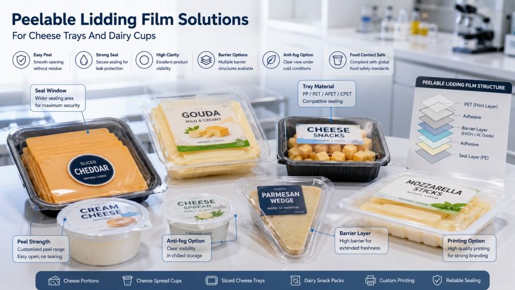 Peelable Lidding Film For Cheese Trays And Dairy Cups