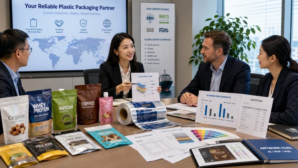 Plastic Bag Supplier Reviewing Custom Packaging Samples With Global Buyer