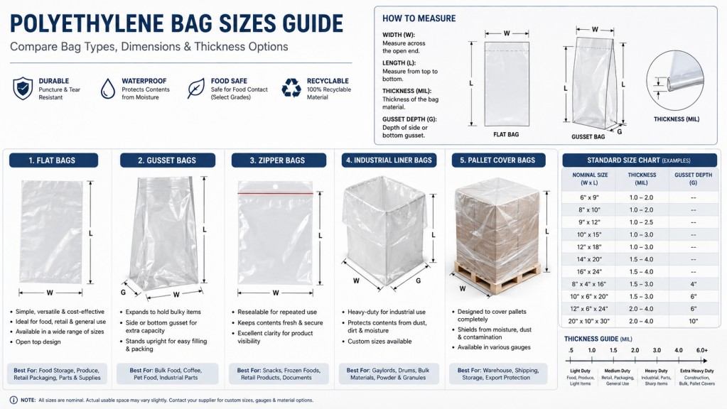 Polyethylene Bag Sizes Guide With Measurement Chart For Food Retail And Industrial Packaging
