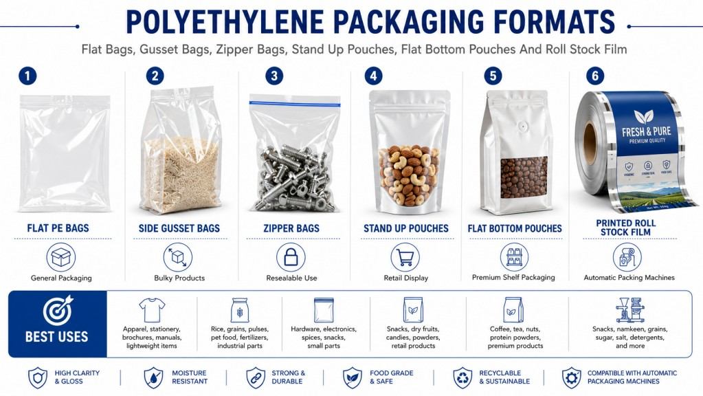 Polyethylene Packaging Formats Including Flat Bags Gusset Bags Zipper Bags And Roll Stock
