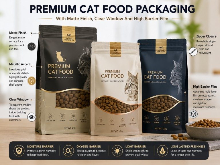 Premium Cat Food Packaging Pouches With Matte Finish Clear Window And High Barrier Film