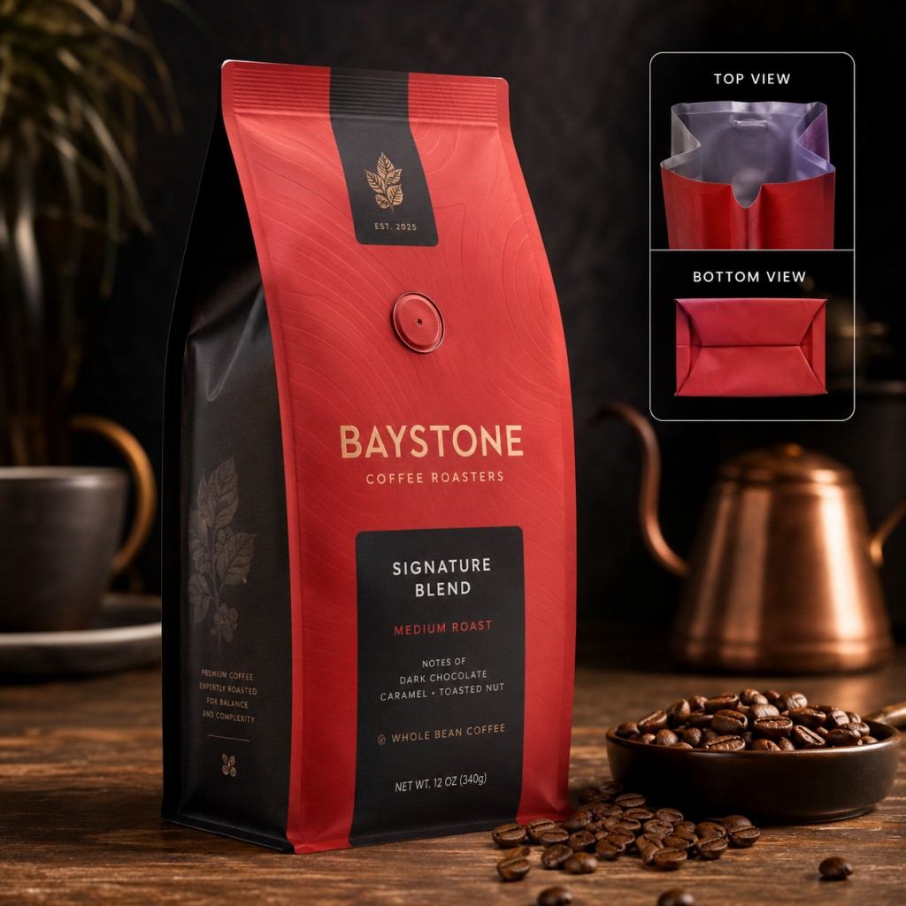 Printed Side Gusset Coffee Bag With Top And Bottom View
