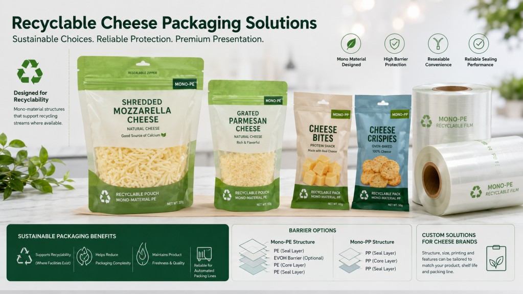 Recyclable Cheese Packaging Pouches With Mono PE And Mono PP Film Options