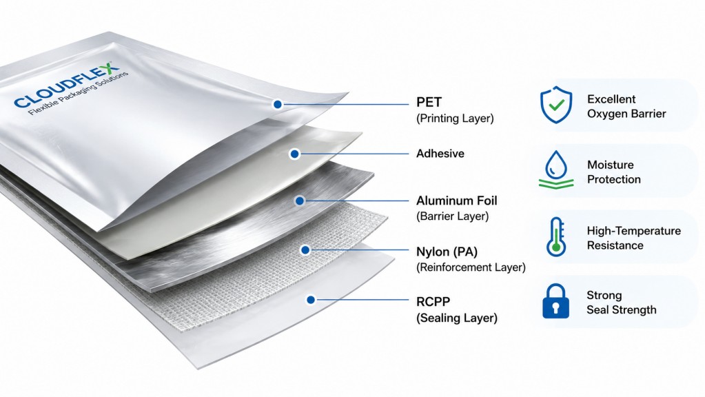 Retort Pouch Film Structure With PET Aluminum Foil Nylon And RCPP Layers
