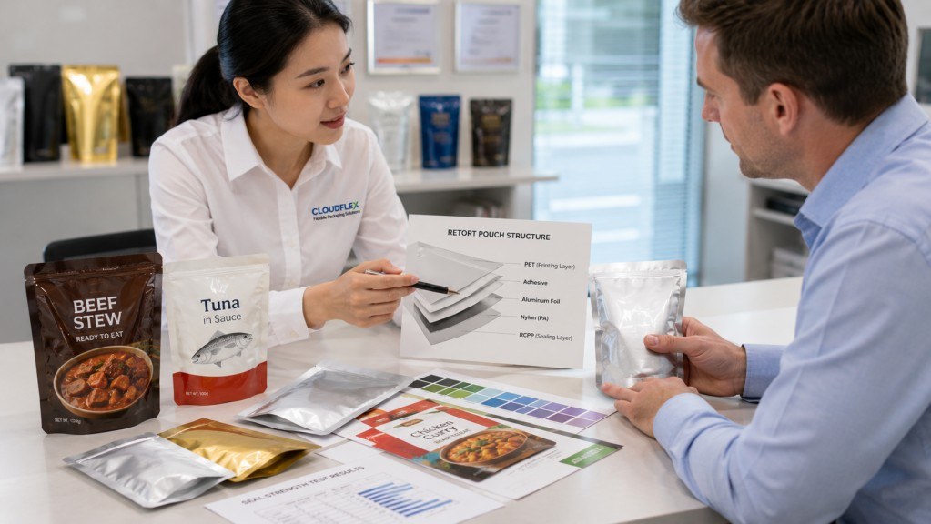 Retort Pouch Supplier Reviewing Custom Packaging Samples With Food Buyer