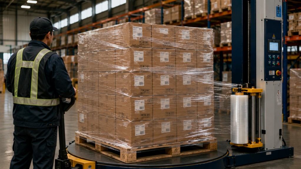 Transparent Stretch Wrap Securing Palletized Cartons In Warehouse