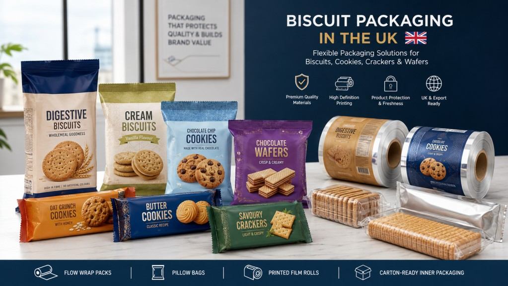 UK Biscuit Packaging Film Rolls And Retail Ready Biscuit Packs