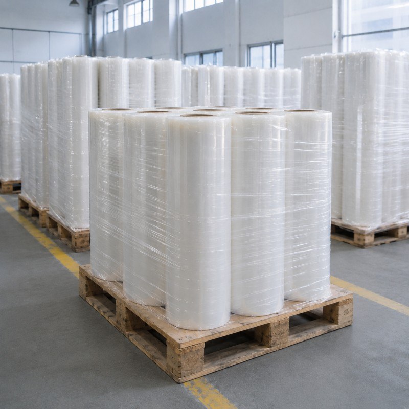 Upright Transparent Film Rolls Wrapped On Warehouse Pallets