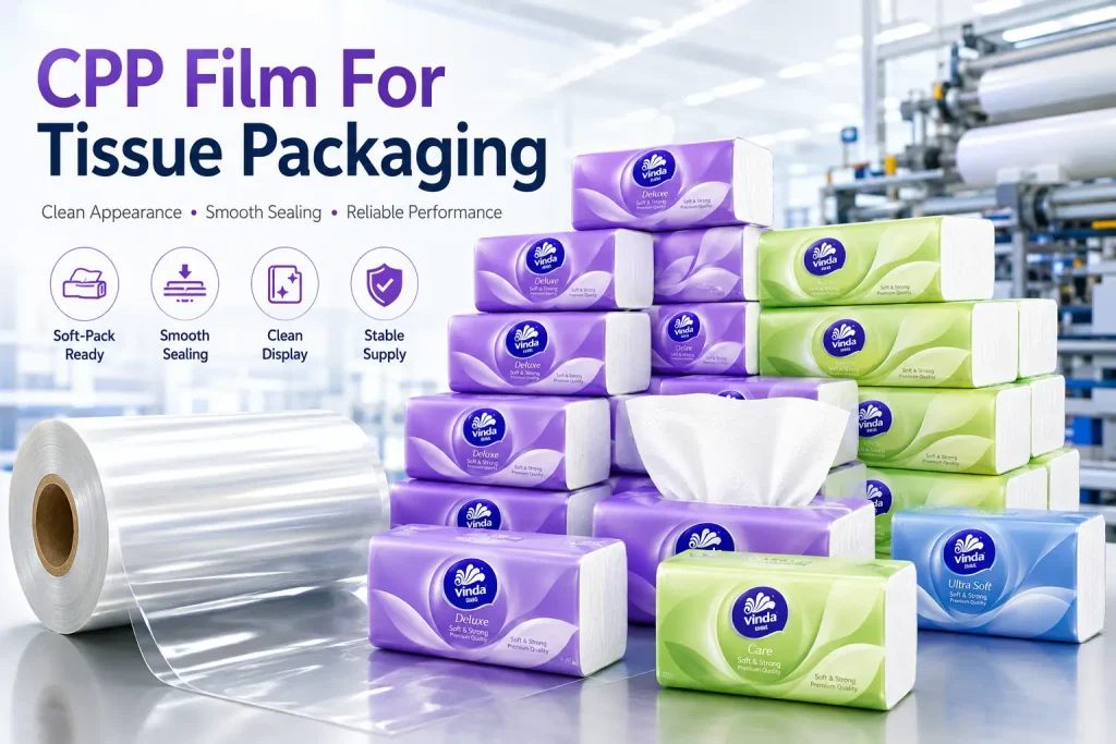 CPP Film For Tissue Packaging With Stacked Soft Pack Tissue Products And Clear Film Roll