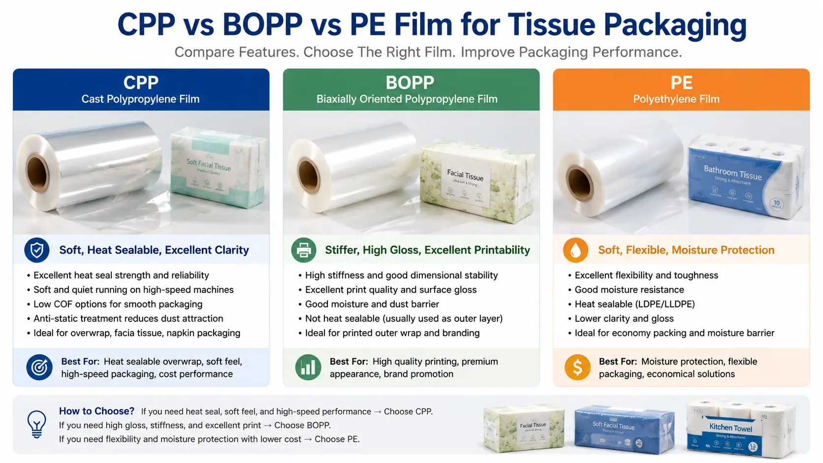 CPP Vs BOPP Vs PE Film Comparison For Tissue Packaging Buyers