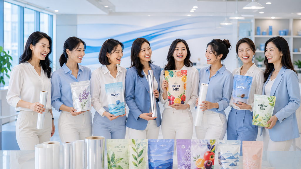 Chinese Flexible Packaging Team Displaying BOPP Film Rolls And Printed Pouches