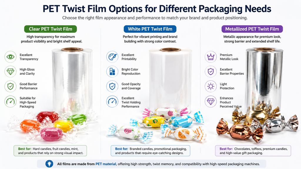 Clear White And Metallized PET Twist Film For Candy Packaging