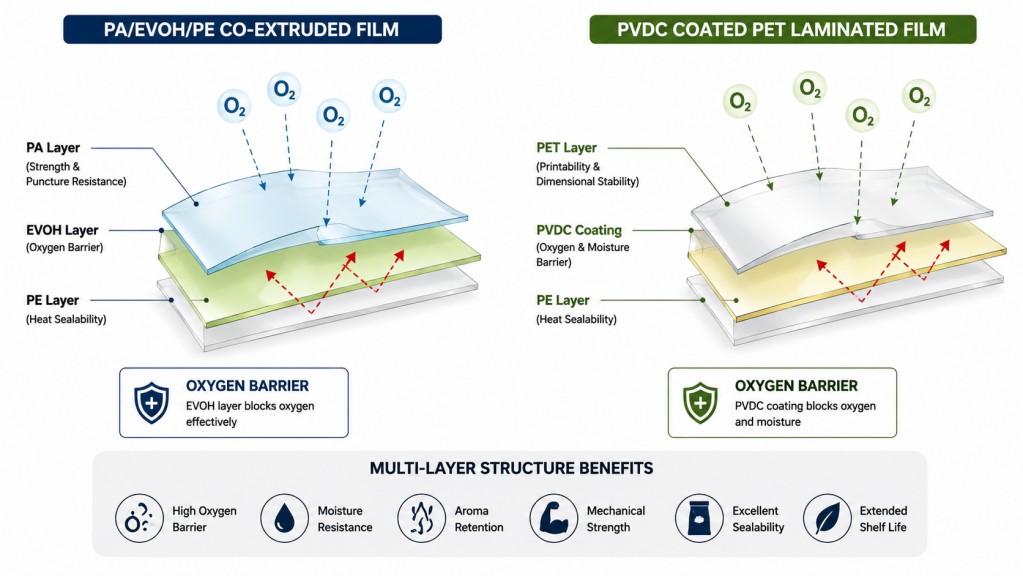 EVOH And PVDC Oxygen Barrier Film Structure For Food Packaging