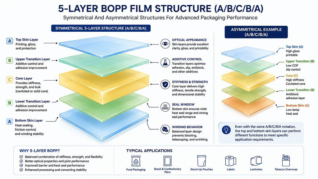 Five Layer BOPP Film ABCBA Structure And Functional Zones