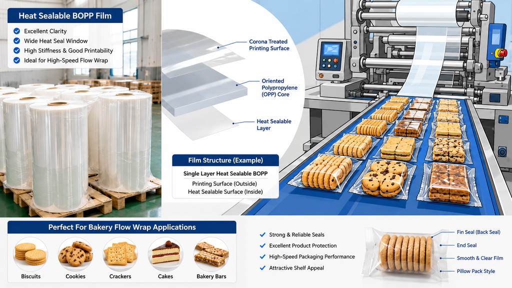 Heat Sealable BOPP Film For Biscuit And Bakery Flow Wrap Packaging